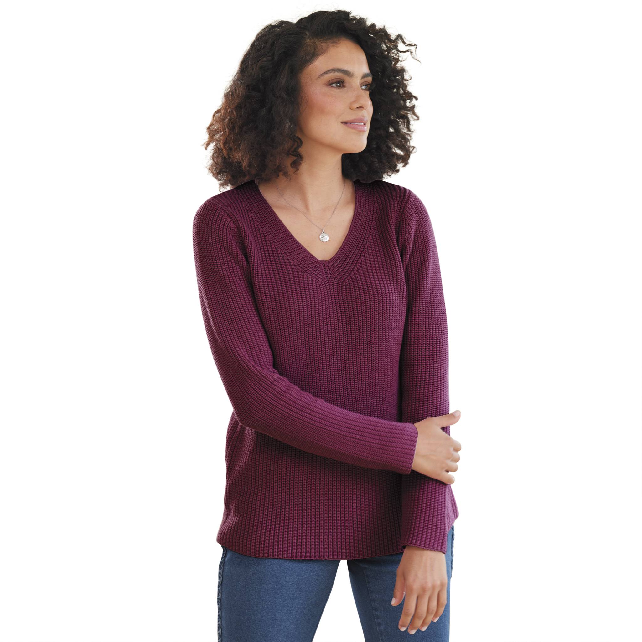 Shaker-Stitch V-Neck Sweater, Long Sleeves, 100% Cotton - Northstyle Catalog