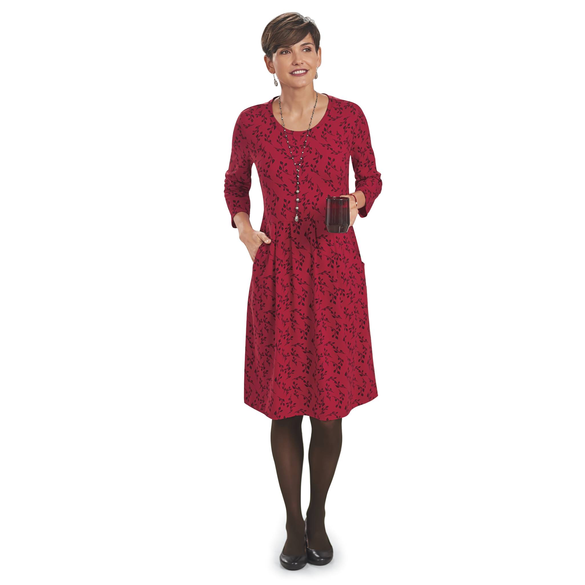 Casual, Comfy Vine-Print Dress, Front Pleats, 3/4 Sleeves, Pockets - Northstyle Catalog
