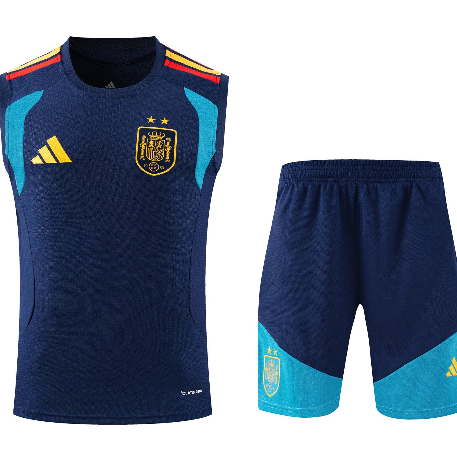 Spain 2026 Two Stars Vest Training Set - Deep Blue Vest and Shorts - UnitedFutballJersey