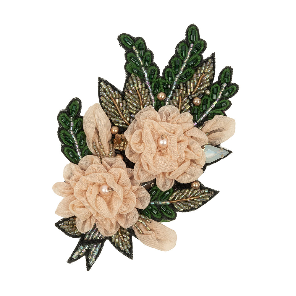 Peach, Pink and Green Fabric Flowers and Glass Beaded Bouquet Applique - 4.5