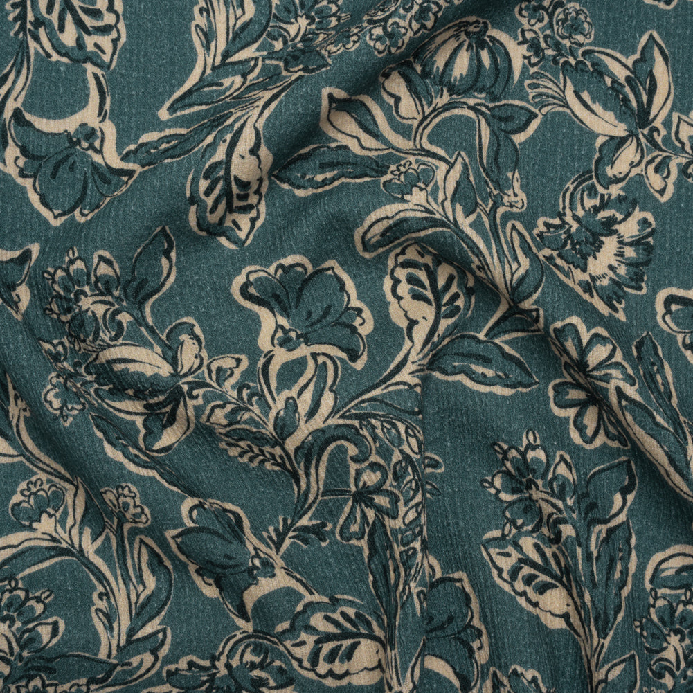 Slubbed Gauzy Cotton Woven - Sea Blue, Cream and Black Floral - Mood Exclusive Cottage Crawl Print - Joann Fabrics