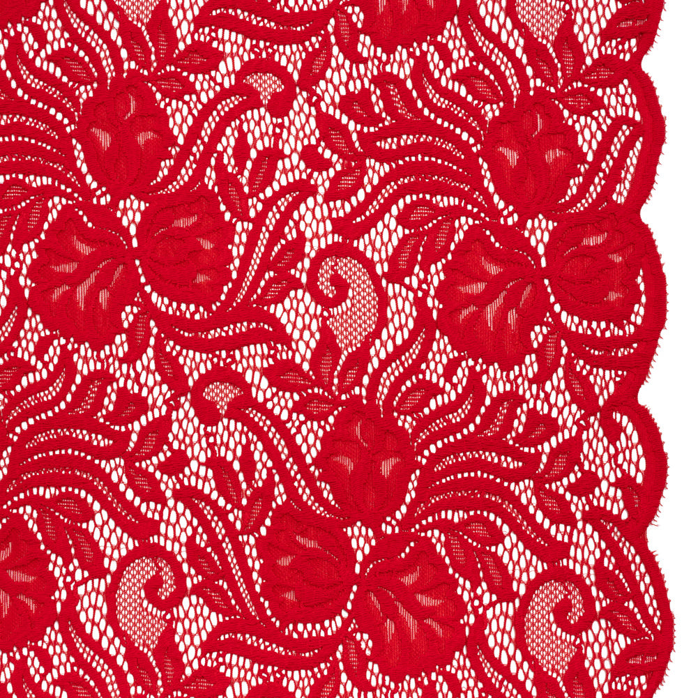 Re-Embroidered Stretch Lace with Finished Edges - Lipstick Red Blossom Trios and Leaves - Tatiana Collection - Joann Fabrics