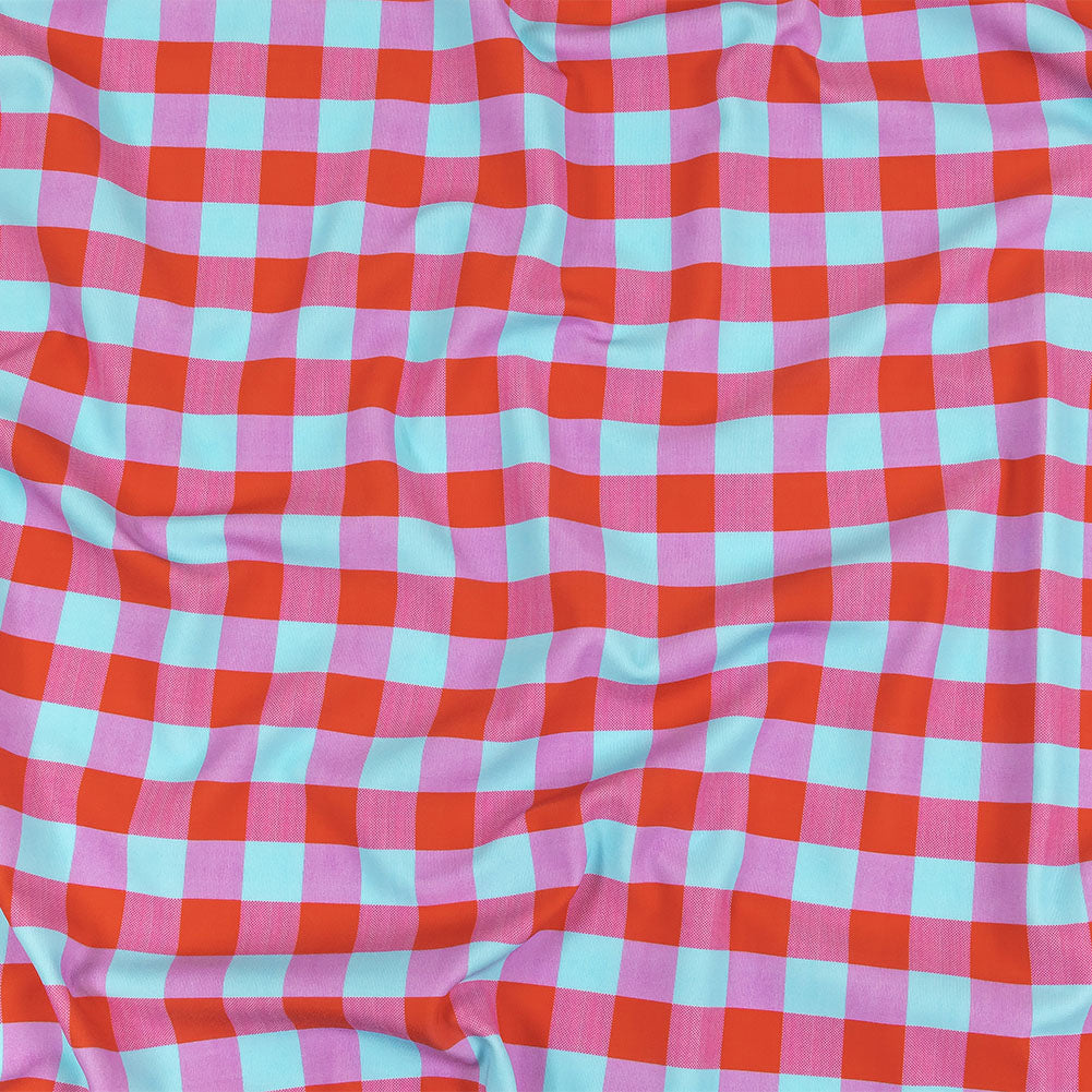 Red Orange and Aqua Checks UV Protective Compression Swimwear Tricot with Aloe Vera Microcapsules - Joann Fabrics