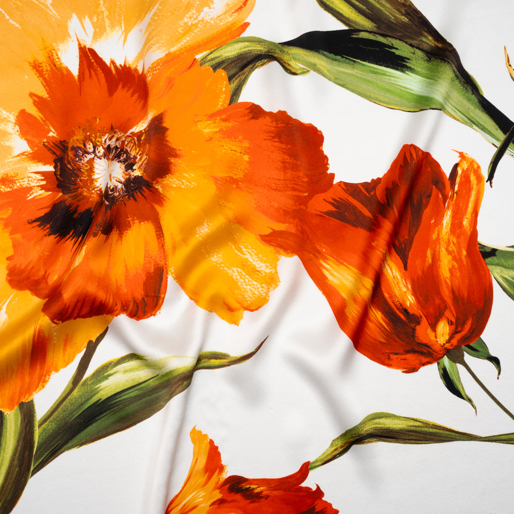Silk Charmeuse Print 16MM, Made in Italy - Golden Orange, Green and White Painted Tulip Garden - Joann Fabrics