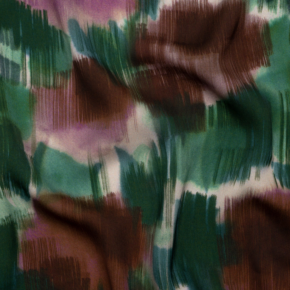 Polyester Charmeuse - Hunter Green, Brown and Plum Purple Brushstrokes - Made in Italy - Joann Fabrics