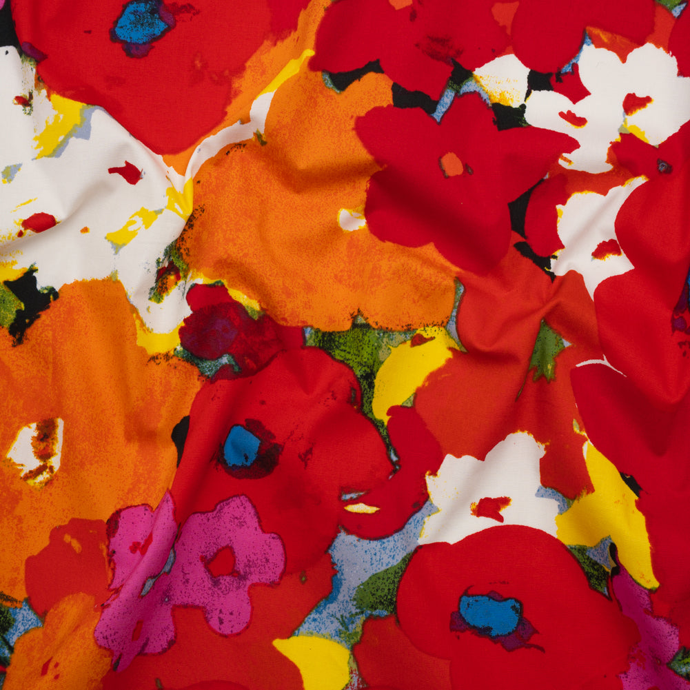 Stretch Cotton Poplin Print - Red, Orange and Blue Abstracted Floral - Designer Deadstock - Joann Fabrics