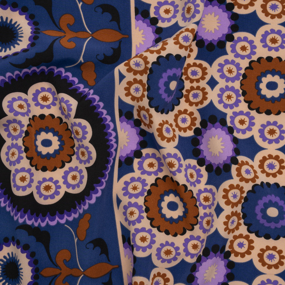 Stretch Polyester Crepe de Chine Print - Dark Blue, Purple and Brown Flower Medallions and Stripes - Designer Deadstock - Joann Fabrics