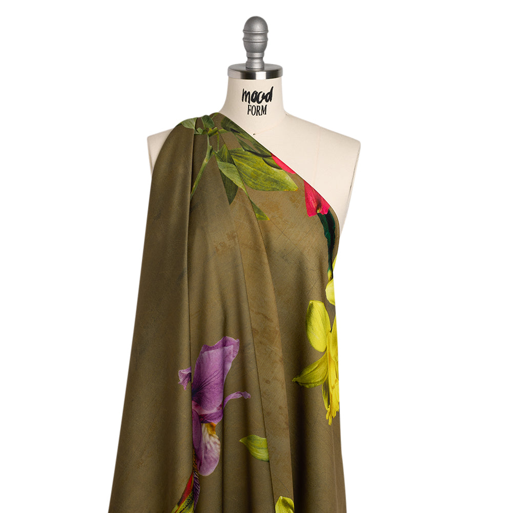 Polyester Crepe-Back Satin - Olive Green, Purple and Red Floral - Mood Exclusive Up Close and Blooming Print - Joann Fabrics