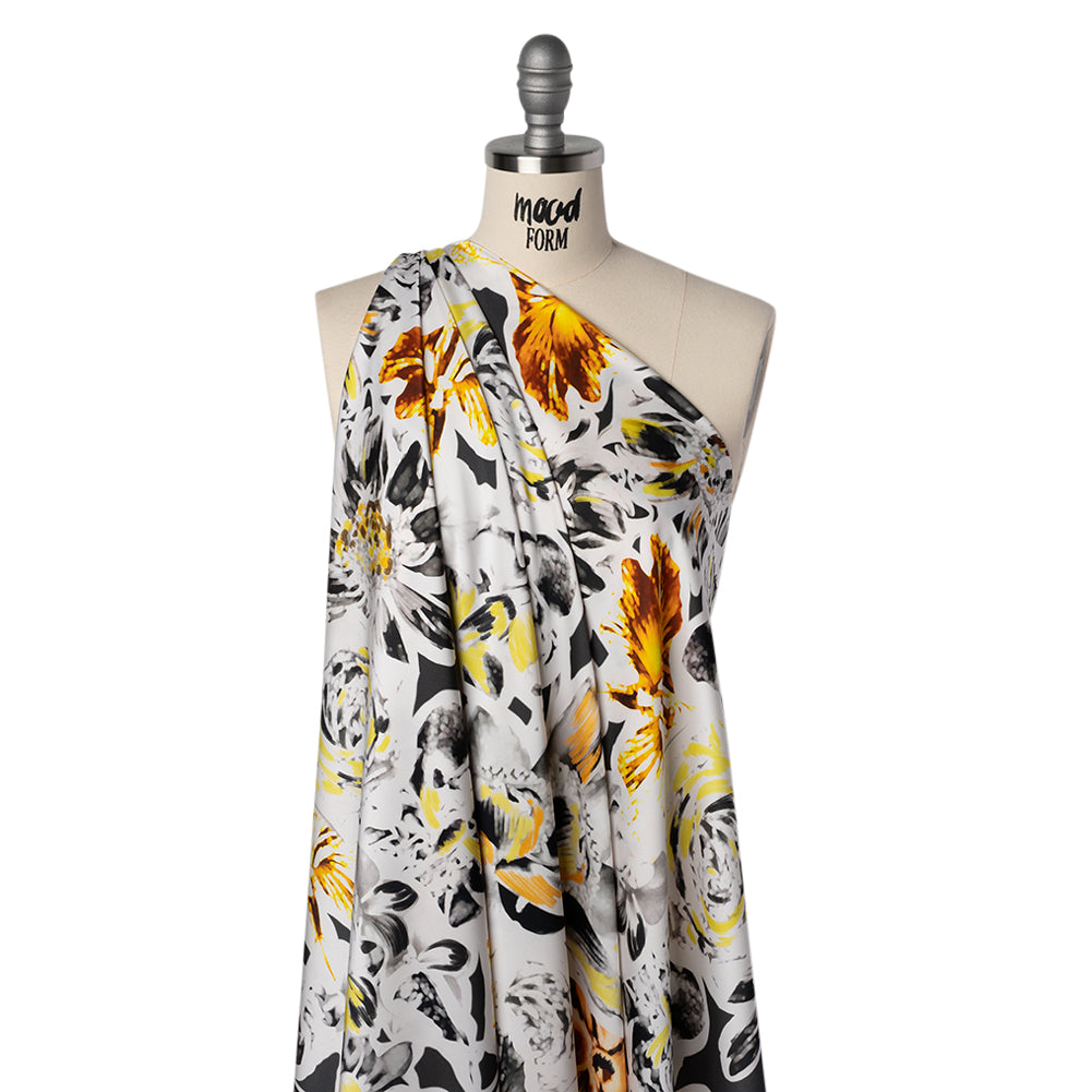Polyester Satin - Black, White and Yellow Floral Negatives - Mood Exclusive Floral Exposure Print - Joann Fabrics