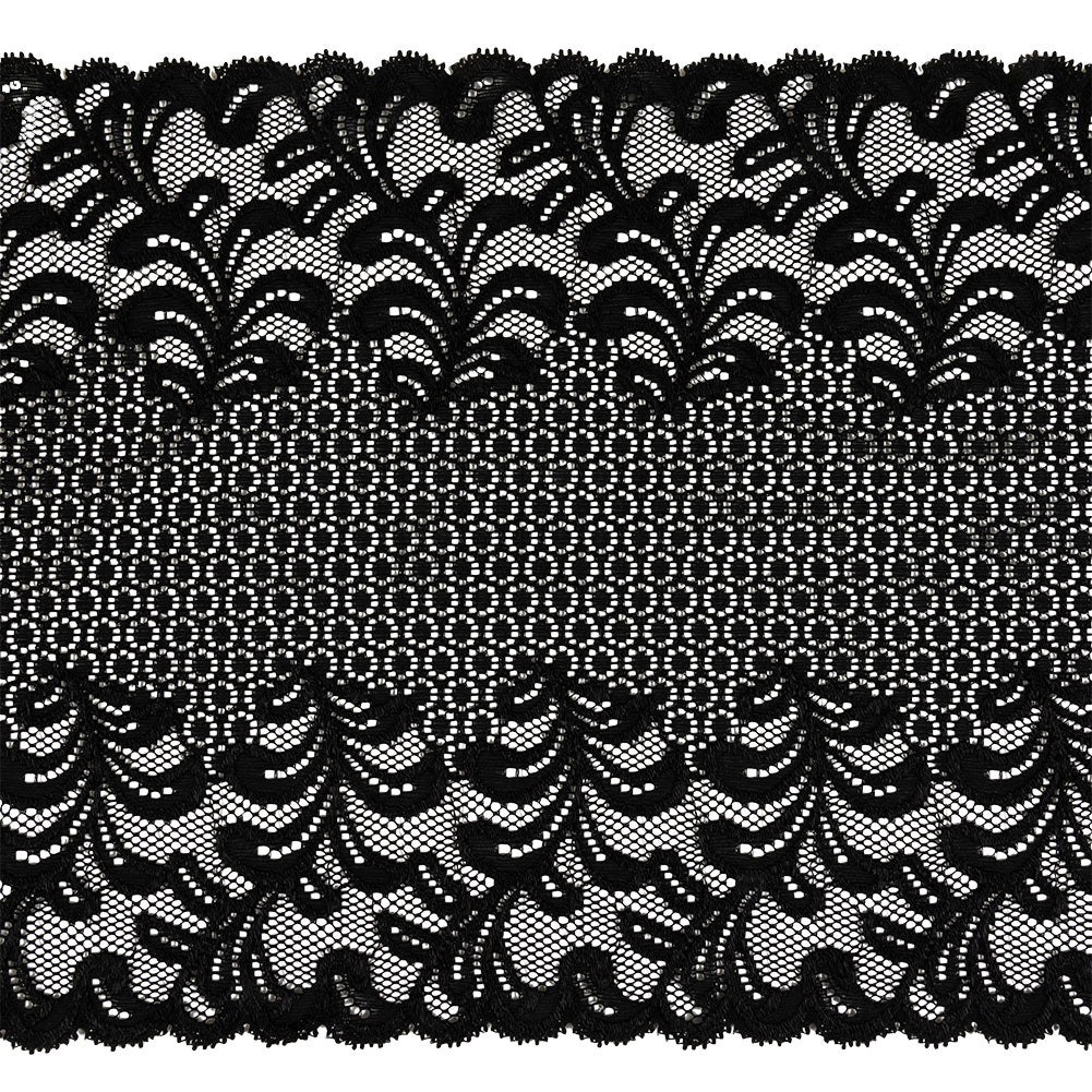 Black Circles and Leaves Stretch Lace Trim with Scalloped Edges - 9.5