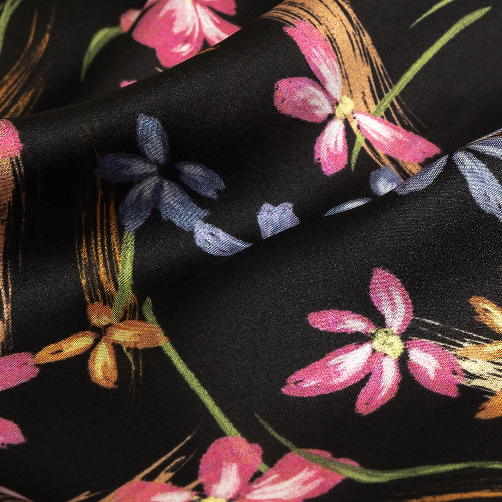 Polyester Charmeuse Print - Black, Pink and Blue Floral - Mood Exclusive In the Wind - Joann Fabrics