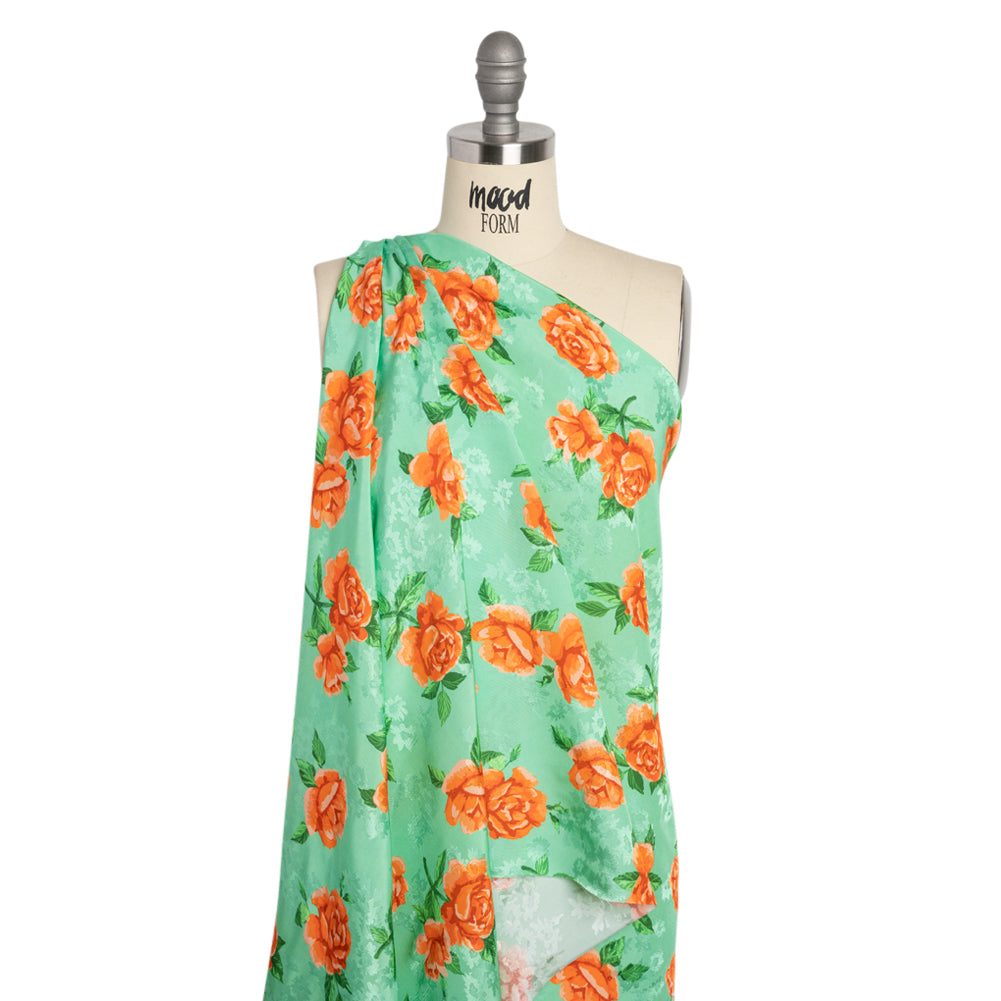 Floral Viscose Jacquard Print - Mint Green and Orange Floral - Mood Exclusive Robin's Egg Rose - Joann Fabrics