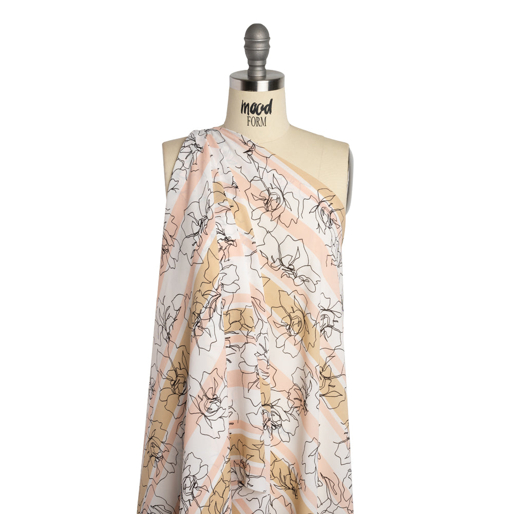 Polyester Georgette - White, Pale Pink and Beige Stripes and Floral Outlines - Designer Deadstock - Joann Fabrics