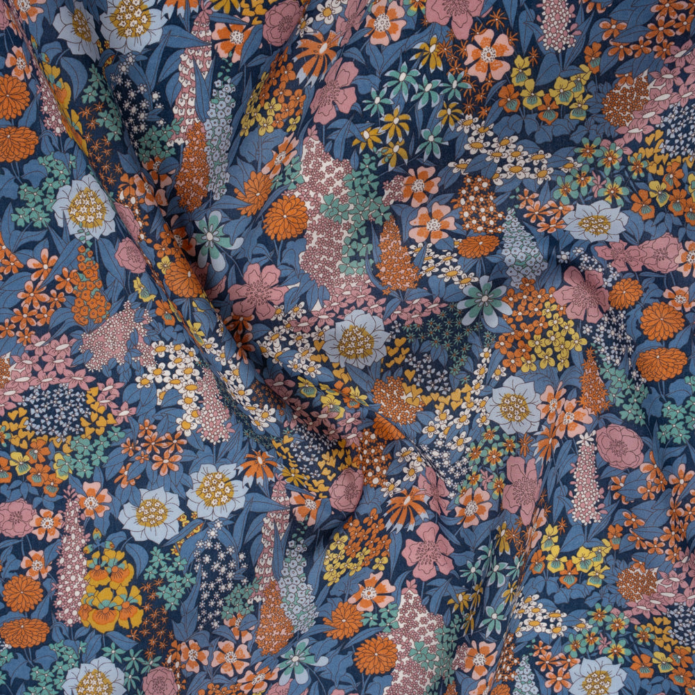 Liberty Fabrics Tana Lawn® - Ciara Dark Blue - Muted Blue, Dark Orange and Rose Pink Flower Garden - Joann Fabrics