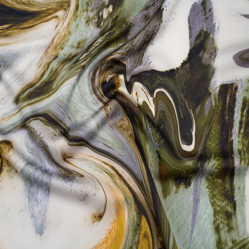 Polyester Satin - Muted Blue, Green and Yellow Ochre Earthy Swirls - Mood Exclusive Molten Moves Print - Joann Fabrics
