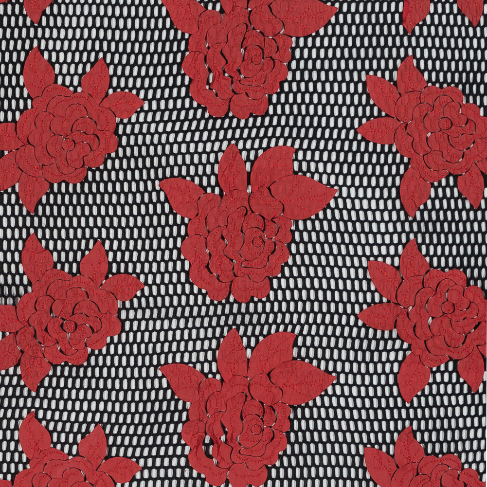 Wonder Mesh with Floral Embroidered Faux Leather - Black and Red - Joann Fabrics
