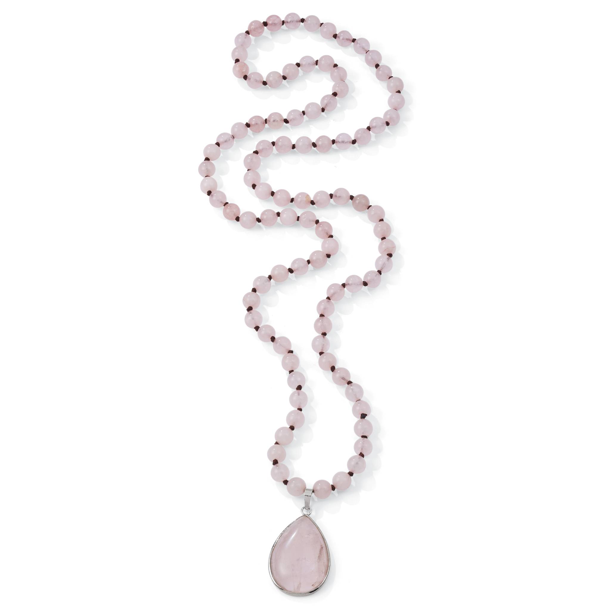 Rose Quartz Long Beaded Necklace, Hand Knotted, Teardrop Pendant - Northstyle Catalog