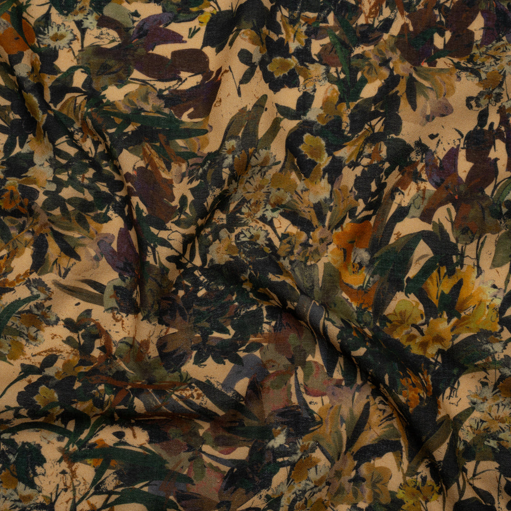 Cotton Crepe - Dark Green, Pale Golden Yellow and Red Brown Floral - Mood Exclusive Golden Grove Print - Joann Fabrics