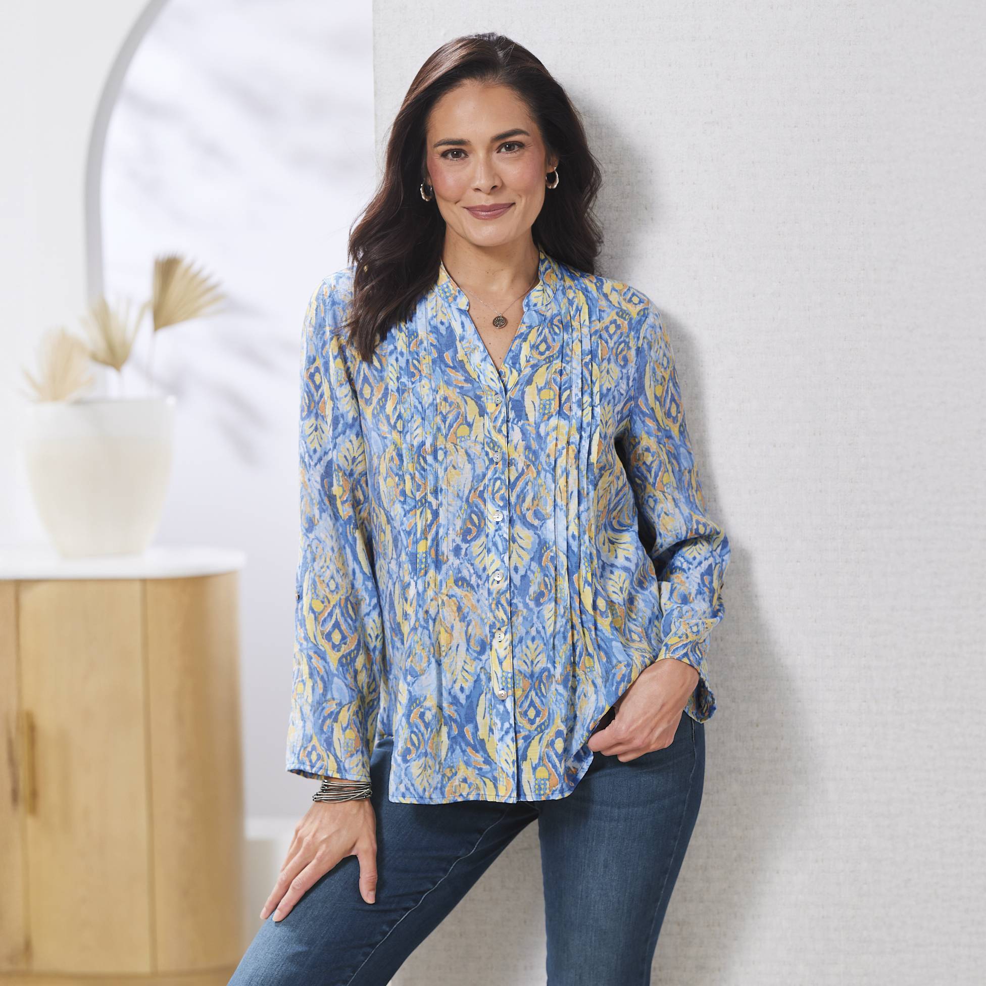 Rayon-Blend Foulard Pintuck Shirt, V-Neck, Button Front - Northstyle Catalog