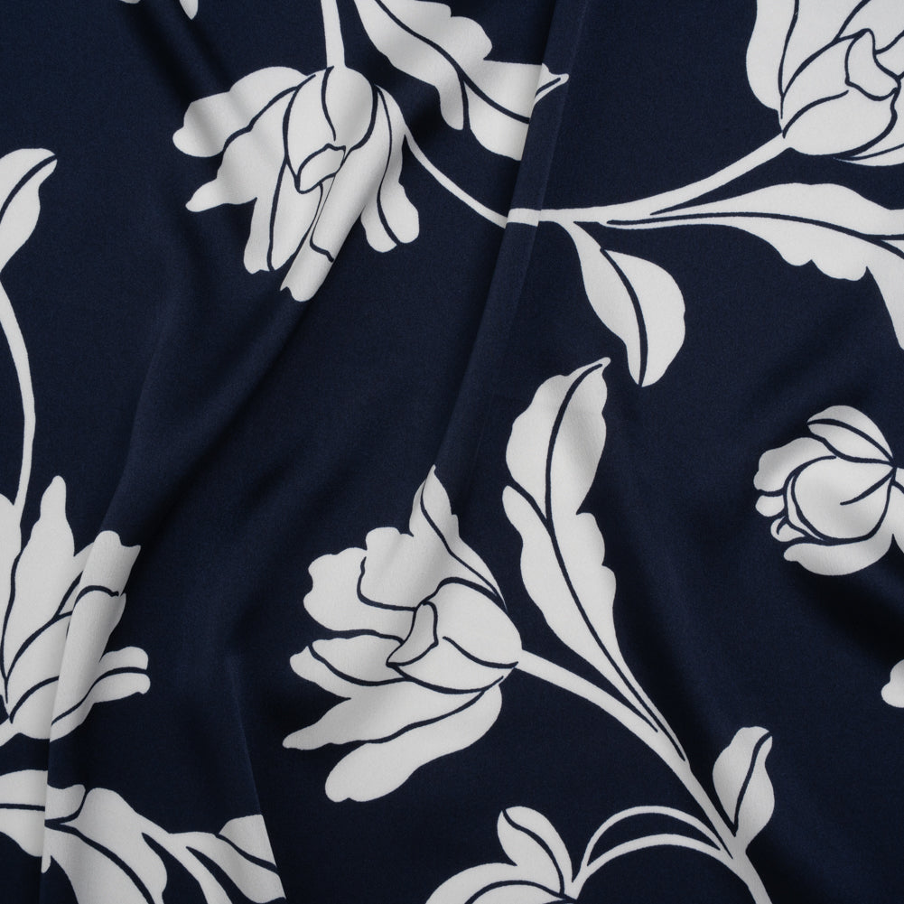 Polyester Charmeuse Print - Navy and White Roses - Designer Deadstock - Joann Fabrics