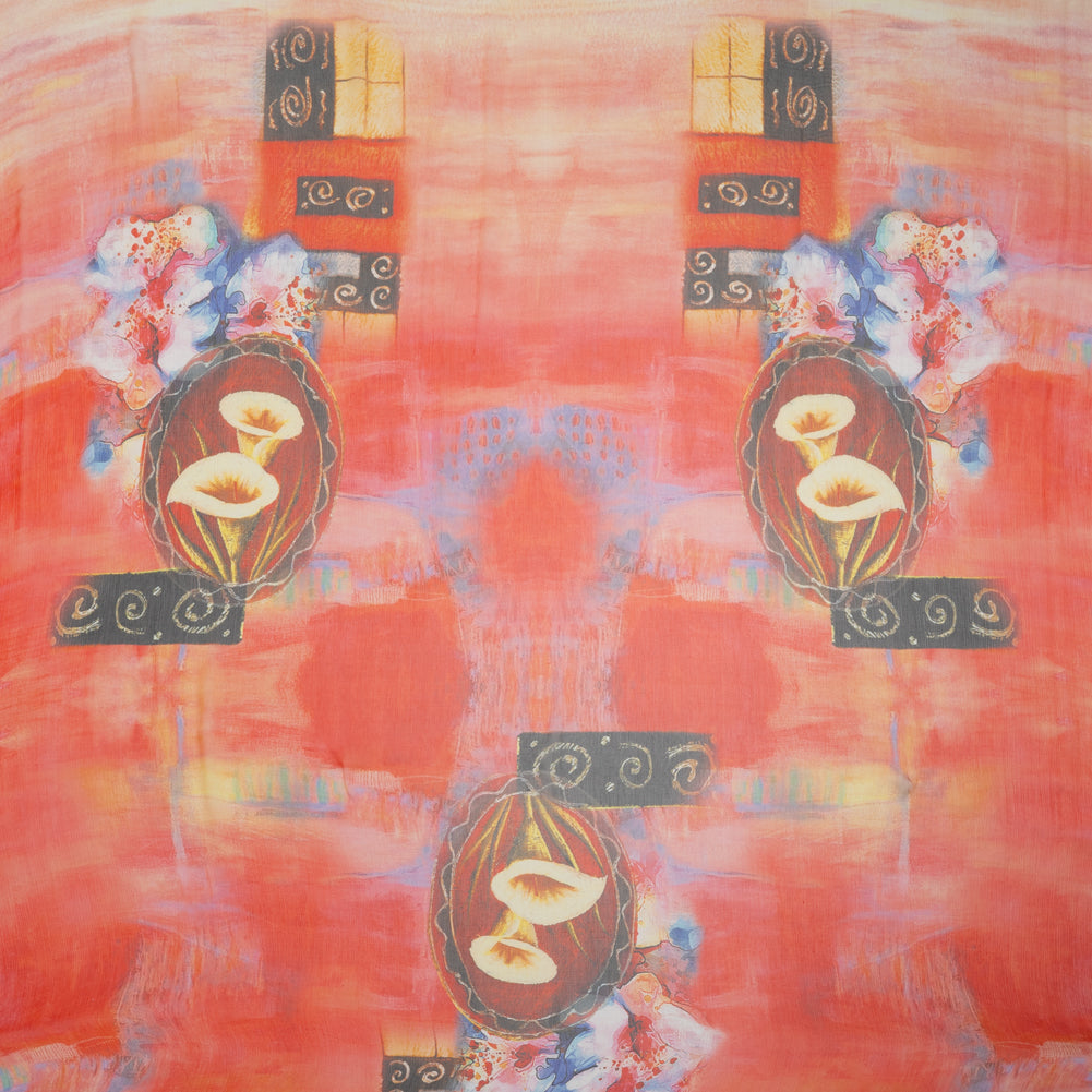 Crinkled Silk Chiffon Panel - Yellow, Peach and Red Floral Medallion Sunrise - Deadstock - Joann Fabrics