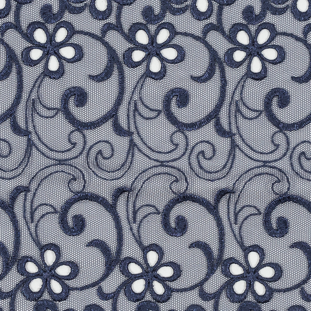 Maritime Blue Floral Embroidered Mesh - 8