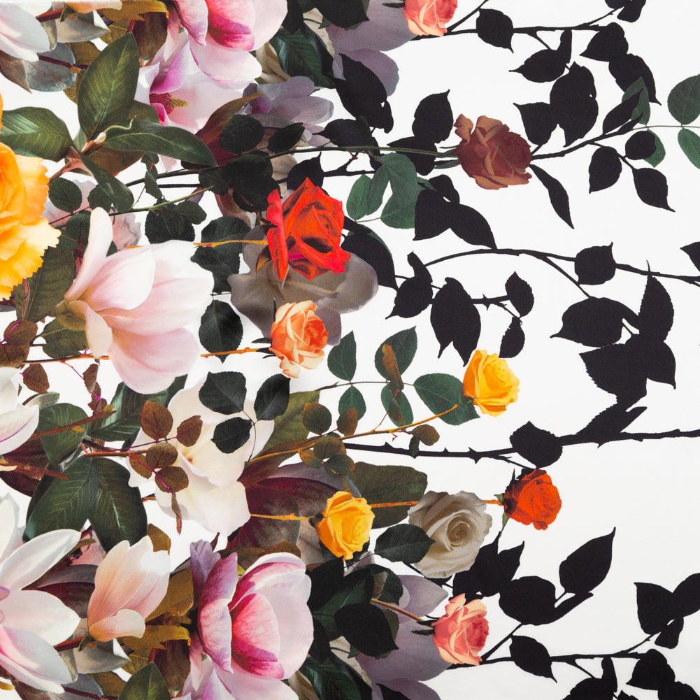 Mood Exclusive Italian Black, White and Golden Poppy Floral Border Digitally Printed Silk Charmeuse - Joann Fabrics