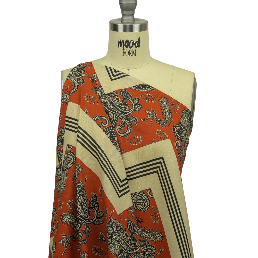 Linen and Rayon Woven - White and Orange Paisley and Chevron - Well Travelled Trails Print - Mood Exclusive Rockland Collection - Joann Fabrics