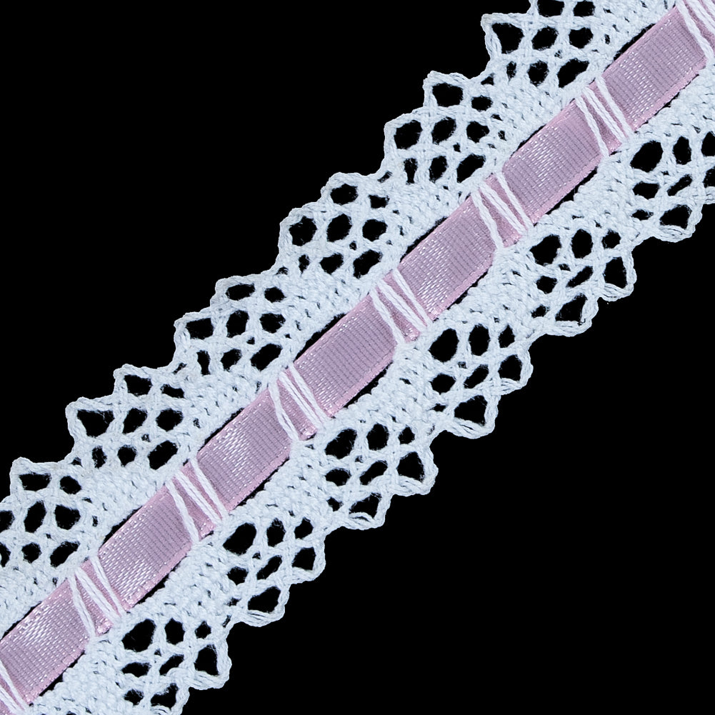 White Crochet Trim with Pink Ribbon - 1.25