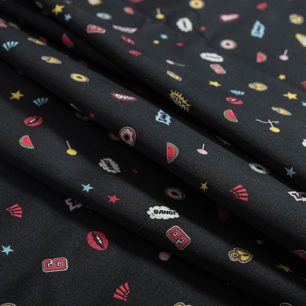 Stretch Cotton Sateen - Black Pop Icons - Black Candy and Combat Print - Mood Exclusive Comic Collection - Joann Fabrics