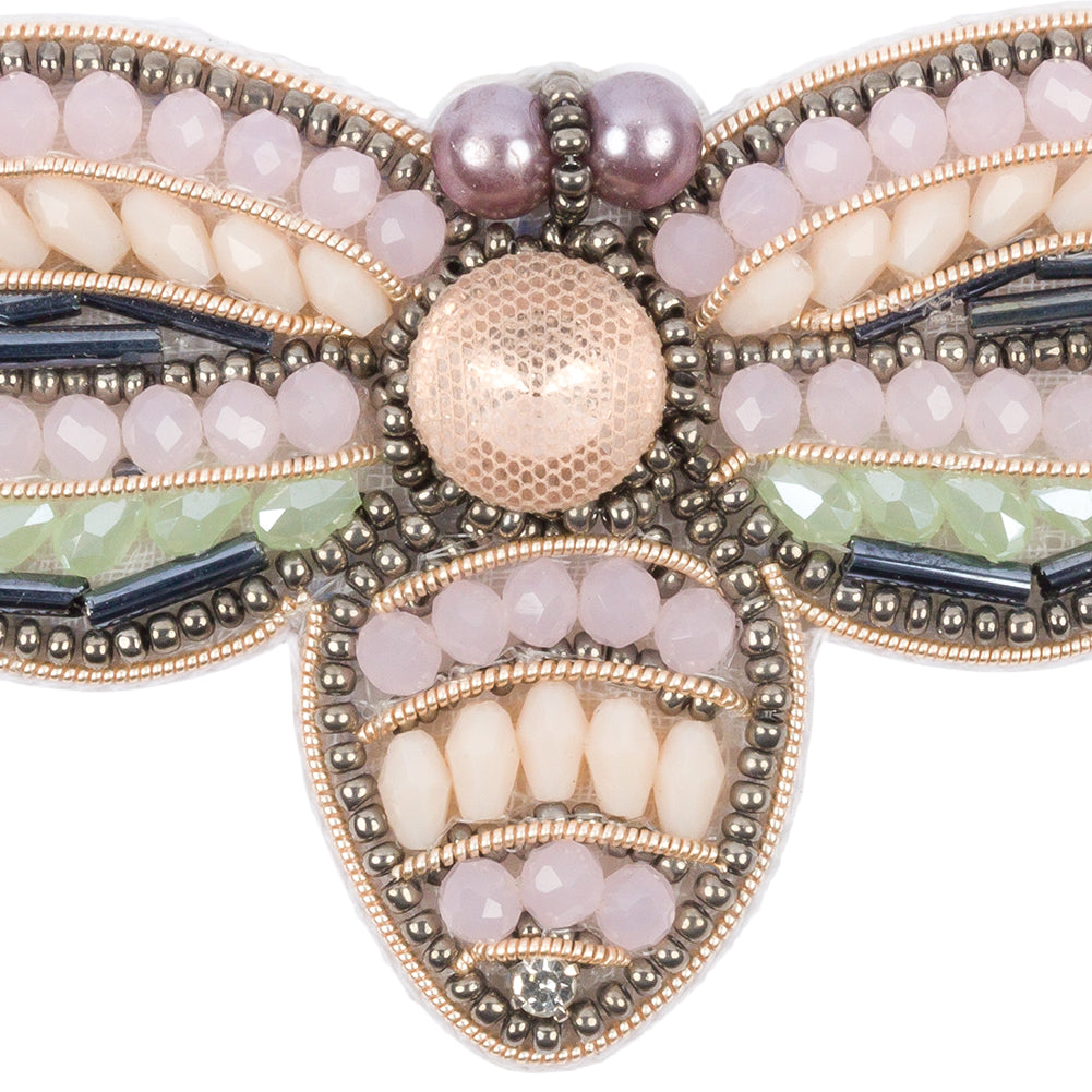 Pink, Green and Gunmetal Fly Rhinestone and Glass Beaded Applique - 1.875