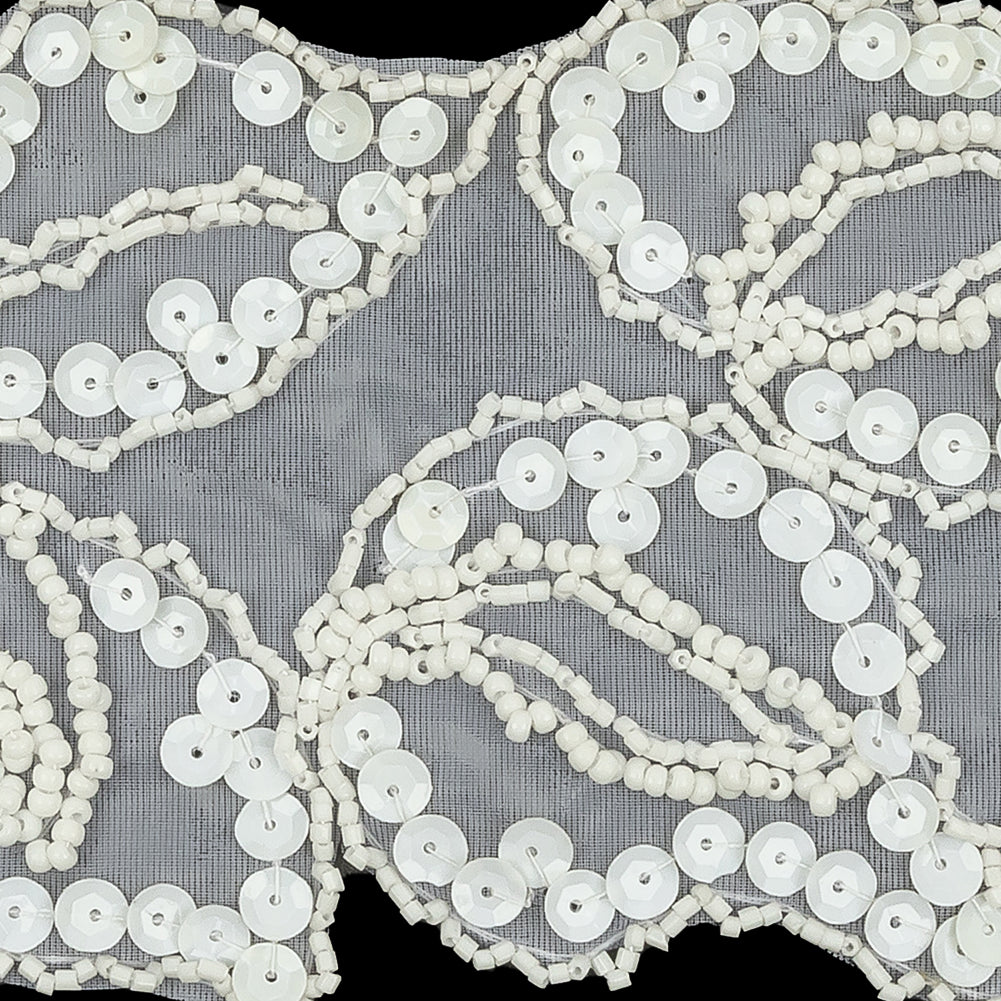Vintage White Abstracted Leaves Beaded and Sequins Sheer Mesh Applique - 3.75