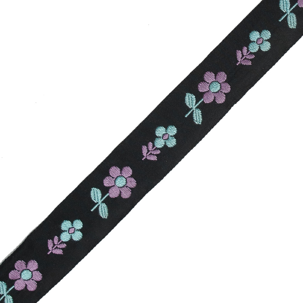 Black, Blue and Purple Floral Jacquard Ribbon - 0.875