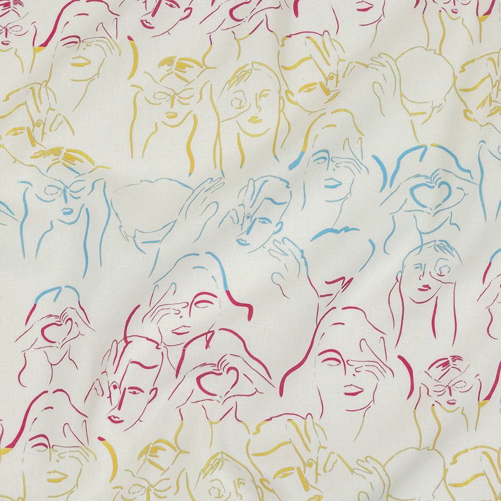 Linen and Rayon Woven - Blue, Yellow and Pink Faces and Hands - Language of Love Print - Mood Exclusive Pride Collection - Joann Fabrics