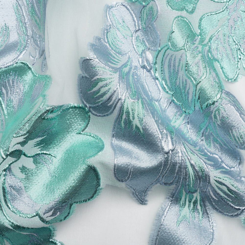 Metallic Turquoise, Baby Blue and White Floral Luxury Burnout Brocade Panel - Joann Fabrics