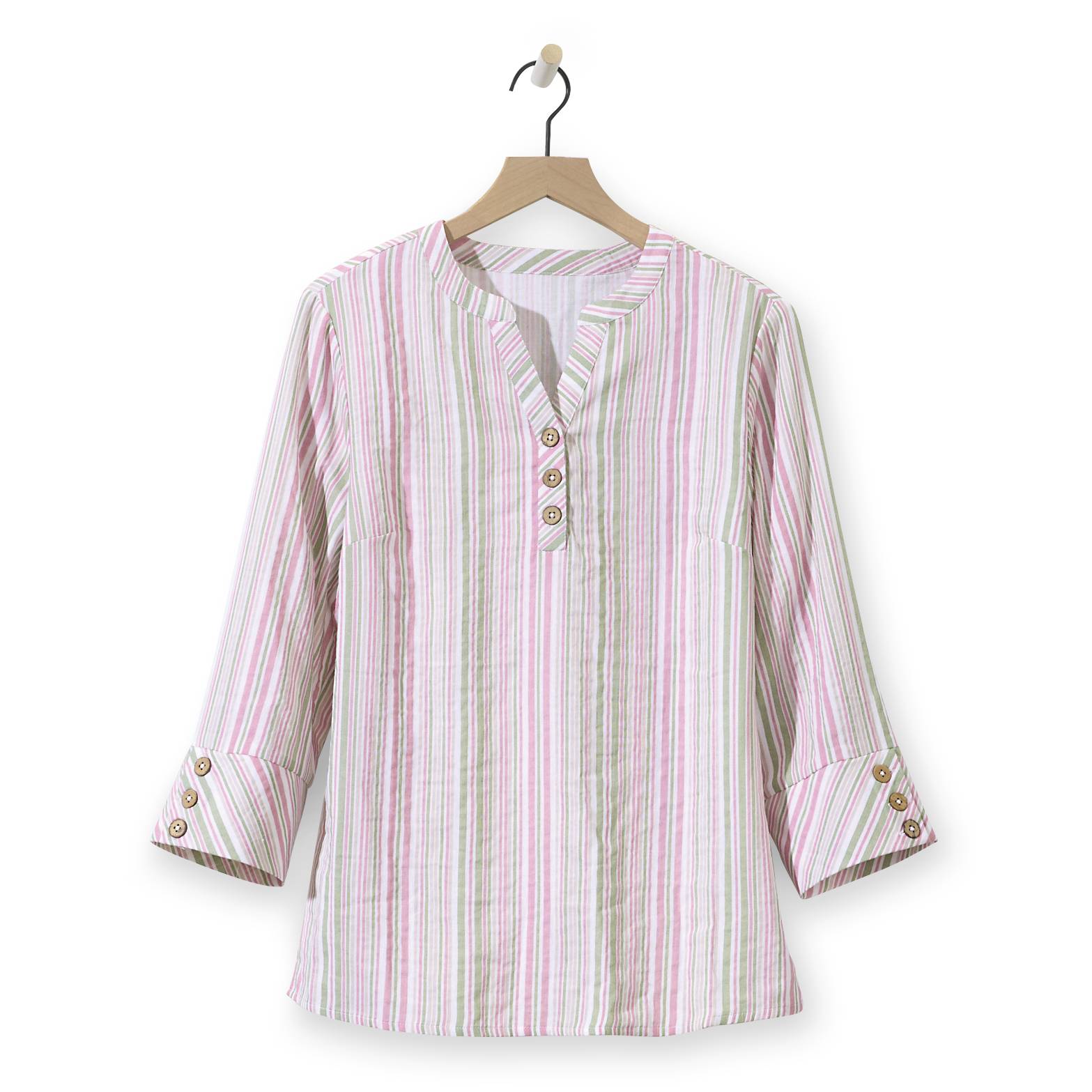 Double Cloth Stripe Button Accent Pullover - Northstyle Catalog