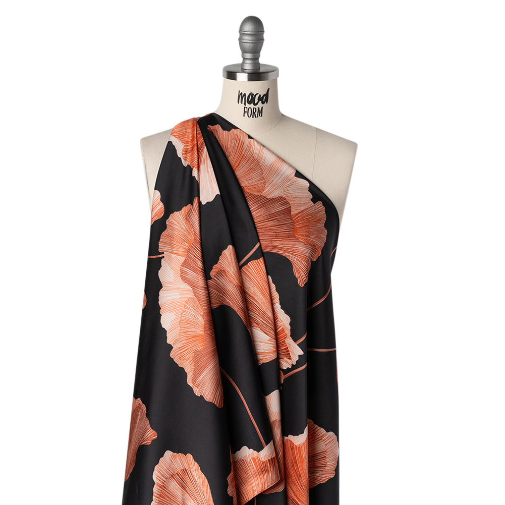 Stretch Polyester Charmeuse Print - Red and Black Ginkgo Leaves - Designer Deadstock - Joann Fabrics