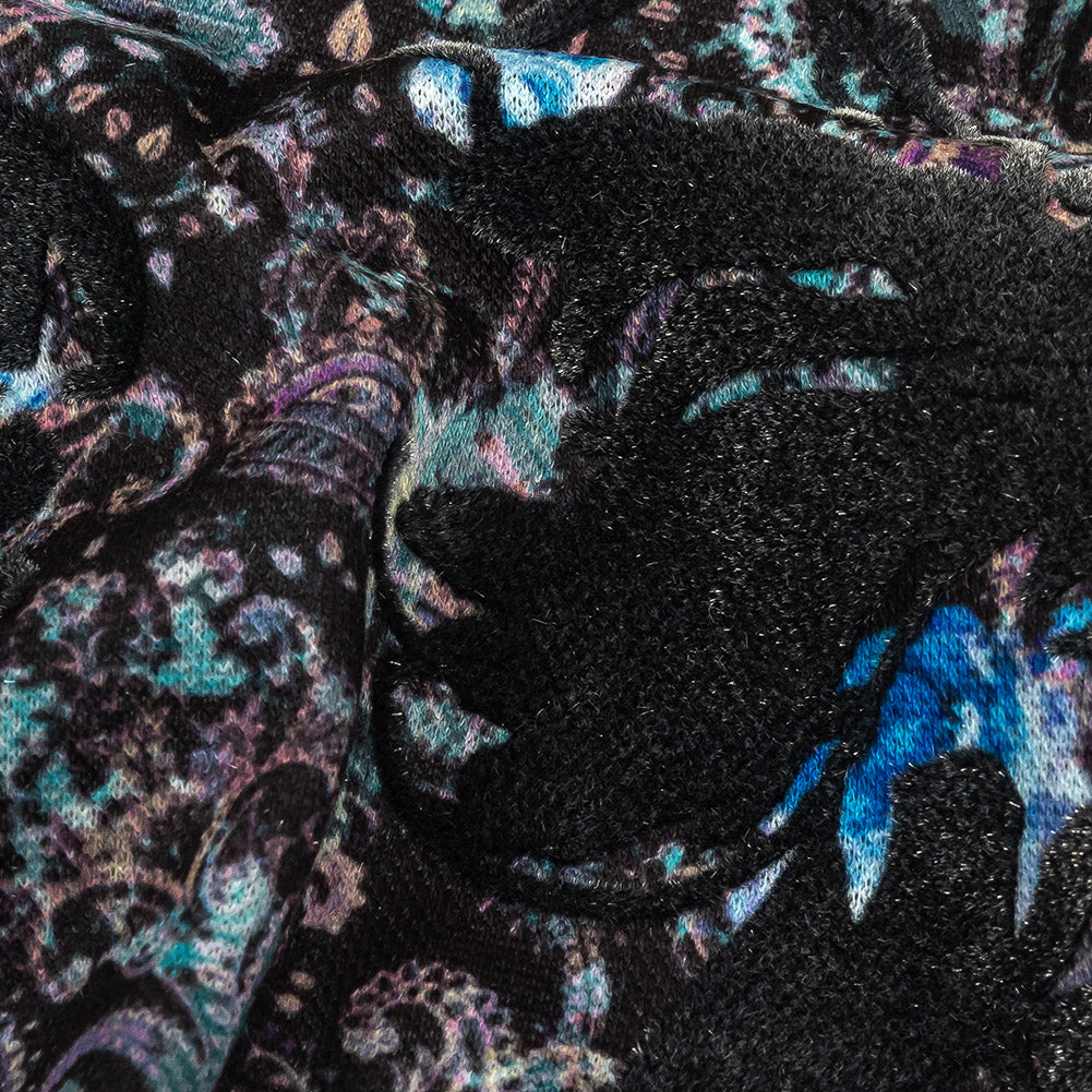 Blue Graphite Flocked Flower Vines on Gray, Blue and Pink Jacobean Cotton and Polyester Knit Pique - Joann Fabrics