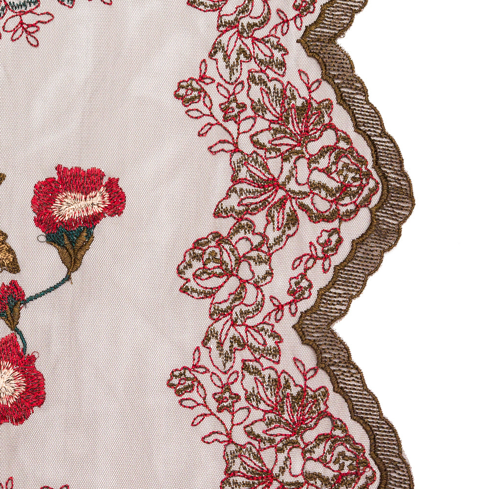 Italian Red, Gold and Green Metallic Floral Embroidery on Brown Tulle with Finished Edges - Joann Fabrics