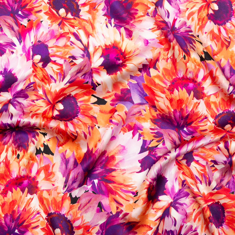 Mood Exclusive Italian Hot Coral and Purple Sunflowers Digitally Printed Silk Charmeuse - Joann Fabrics