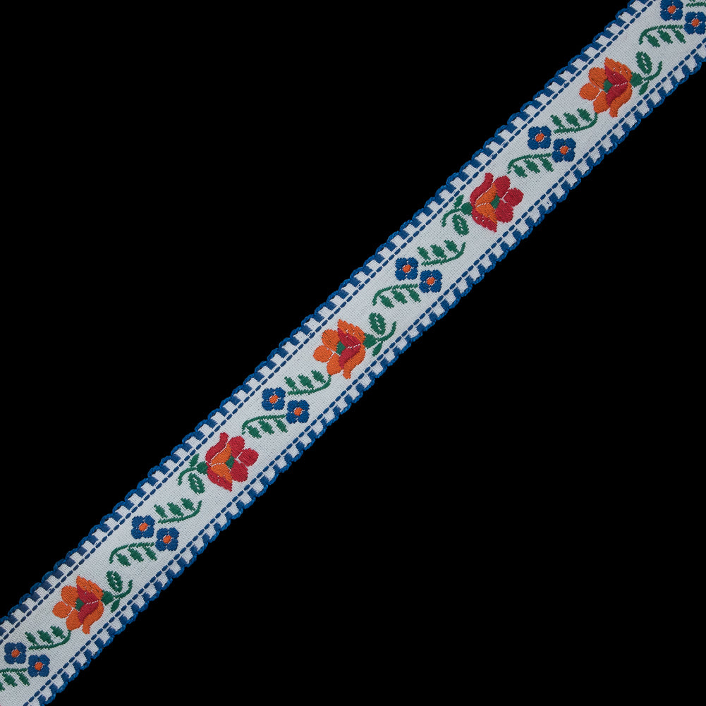 Blue and White Floral German Jacquard Ribbon - 1