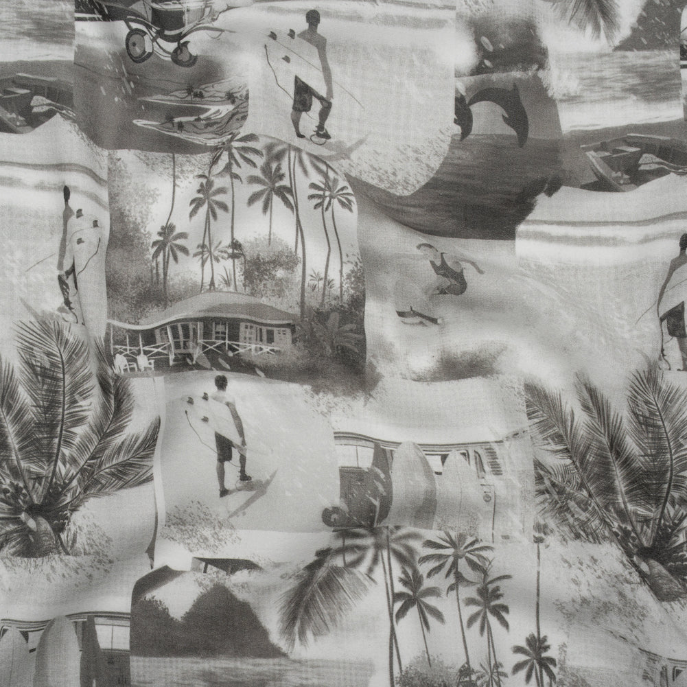 Cotton Crepe - Black, White and Gray Beach Scenes Patchwork - Mood Exclusive Seaside Snapshots Print - Joann Fabrics