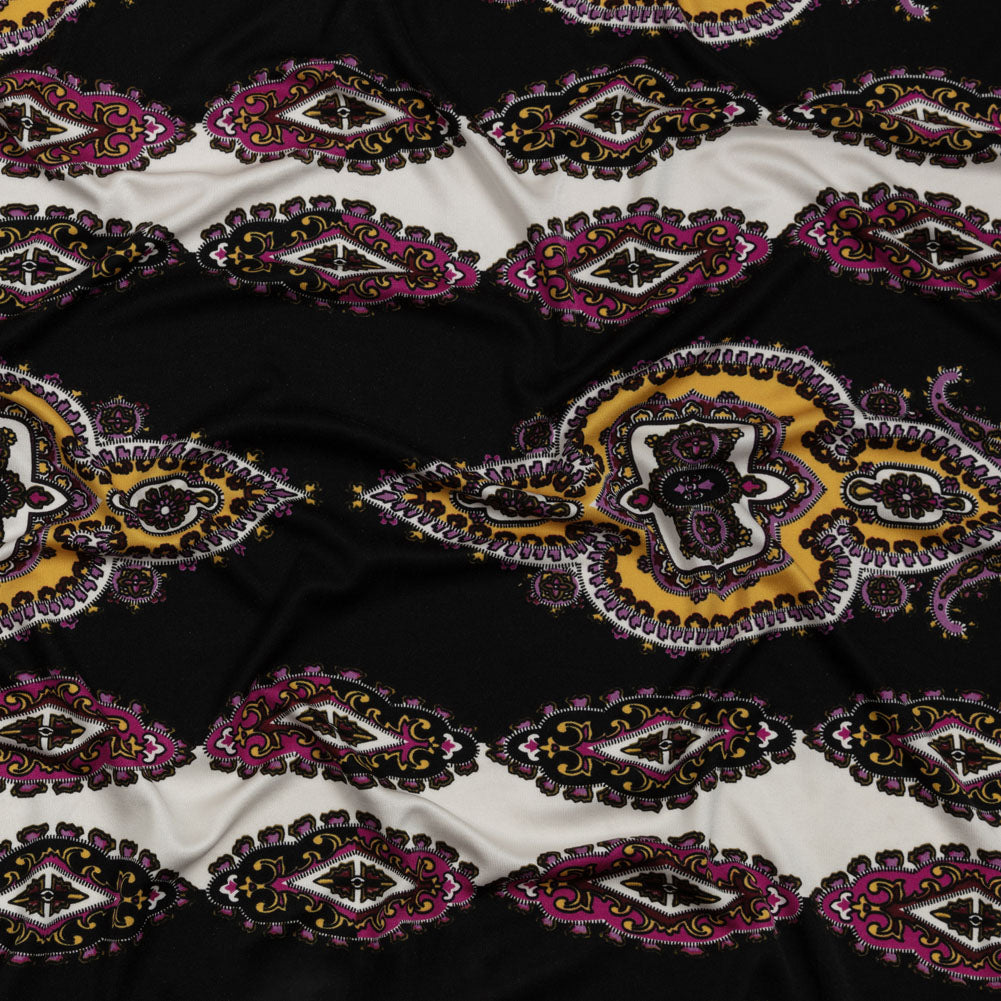 Pink, Purple and Black Paisley Stripes with Geometric Borders Printed Silk Jersey - Joann Fabrics