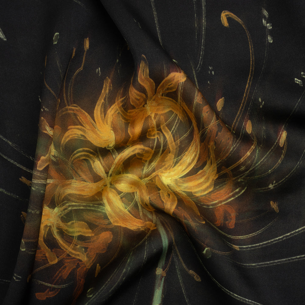 Sustainable and Recycled Viscose Satin Print - Golden Yellow and Black Glowing Florals - Mood Exclusive Marine Magic - Joann Fabrics
