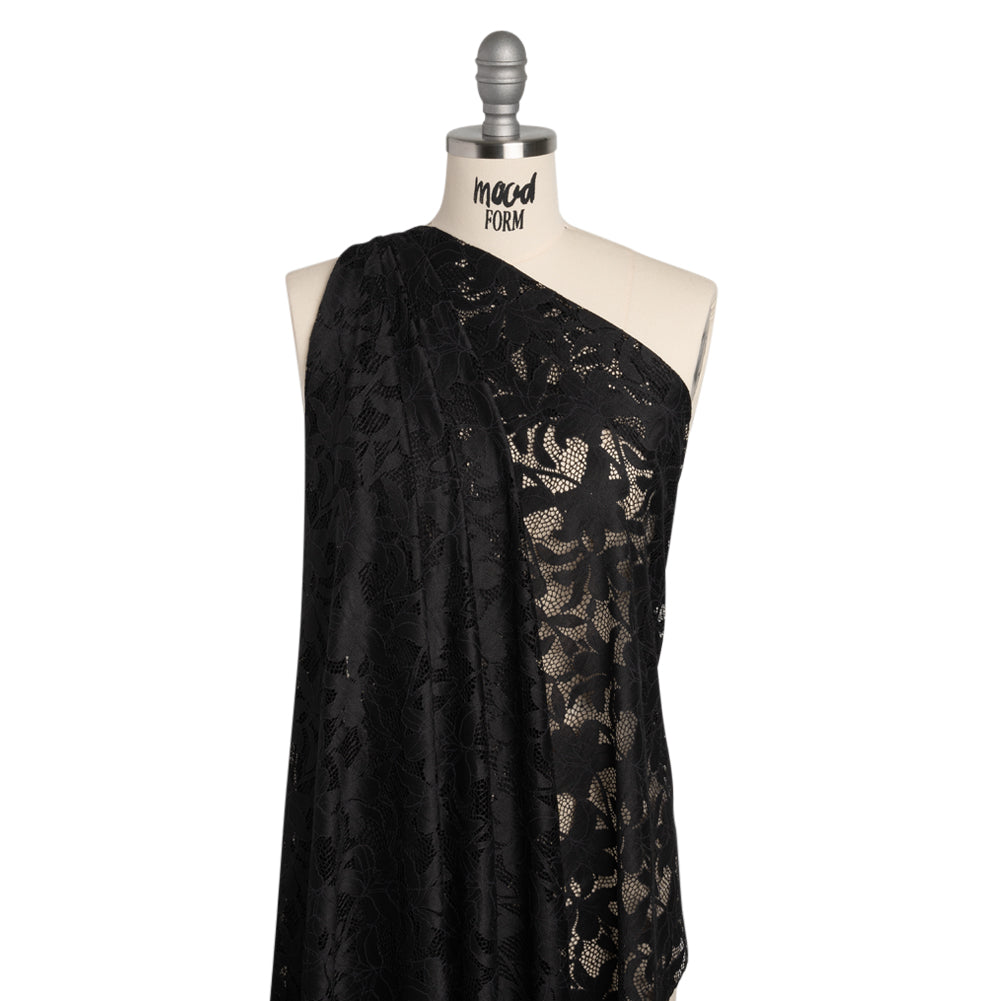 Recycled Stretch Raschel Lace with Finished Edges - Black Dancing Lilies - Joann Fabrics