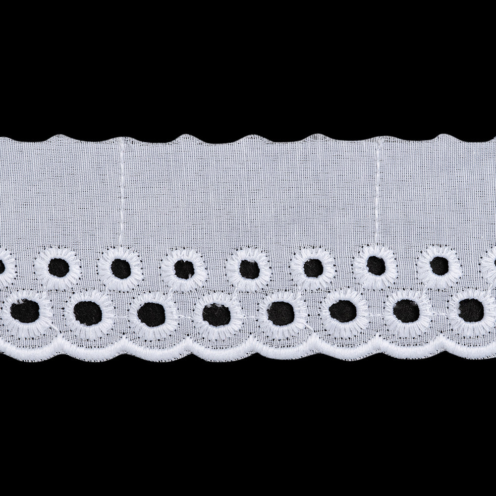 Cotton and Polyester Embroidered Eyelet Lace Trim with One Finished Scalloped Edge - 1.75
