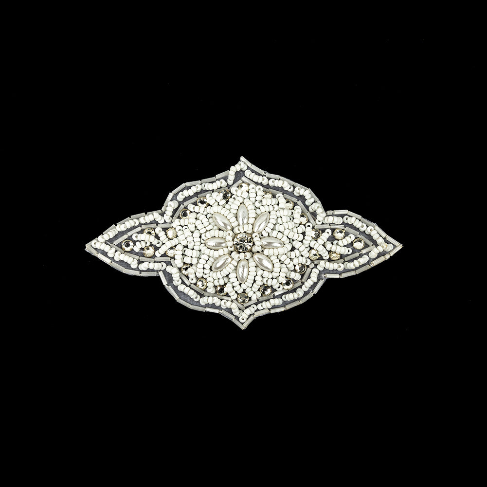 Vintage White Beaded and Rhinestone Floral Diamond Shaped Applique - 5.75