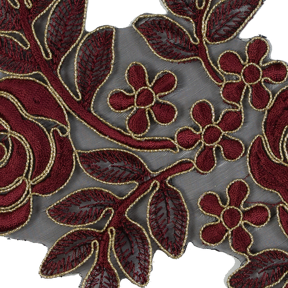 Metallic Gold and Maroon Re-Embroidered Floral Organza Trim - 6
