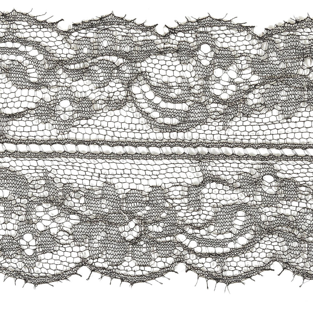 Black and Metallic Silver Floral Chantilly Lace Trim with Eyelash Fringe - 3.25