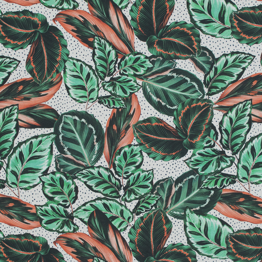 Cotton Poplin - Green and Orange Leaves and Spots - Tropical Snowglobe Print - Mood Exclusive Avenable Collection - Joann Fabrics